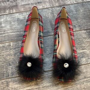 C. Wonder Red Plaid Flats with Black Pom